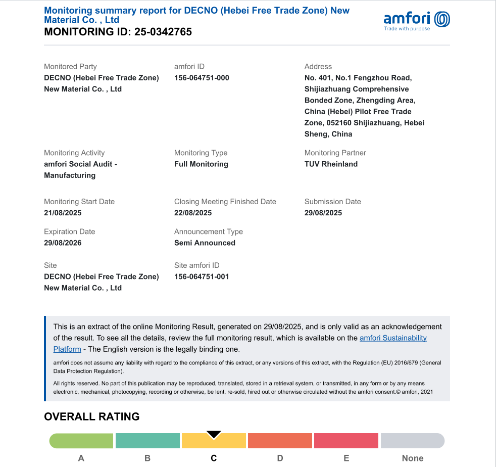DECNO прошла аудит BSCI DECNO прошла аудит BSCI
