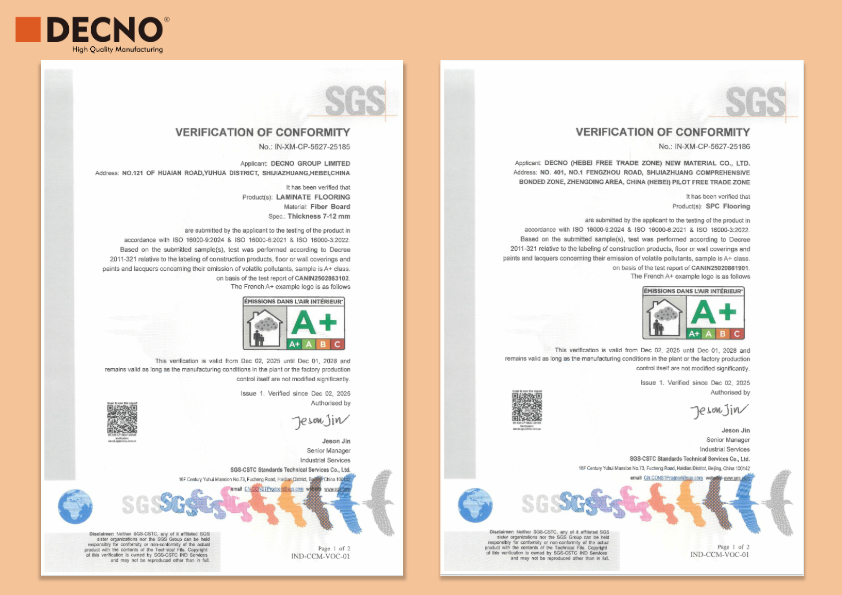 Напольные покрытия DECNO SPC и ламинат получили французский сертификат A
